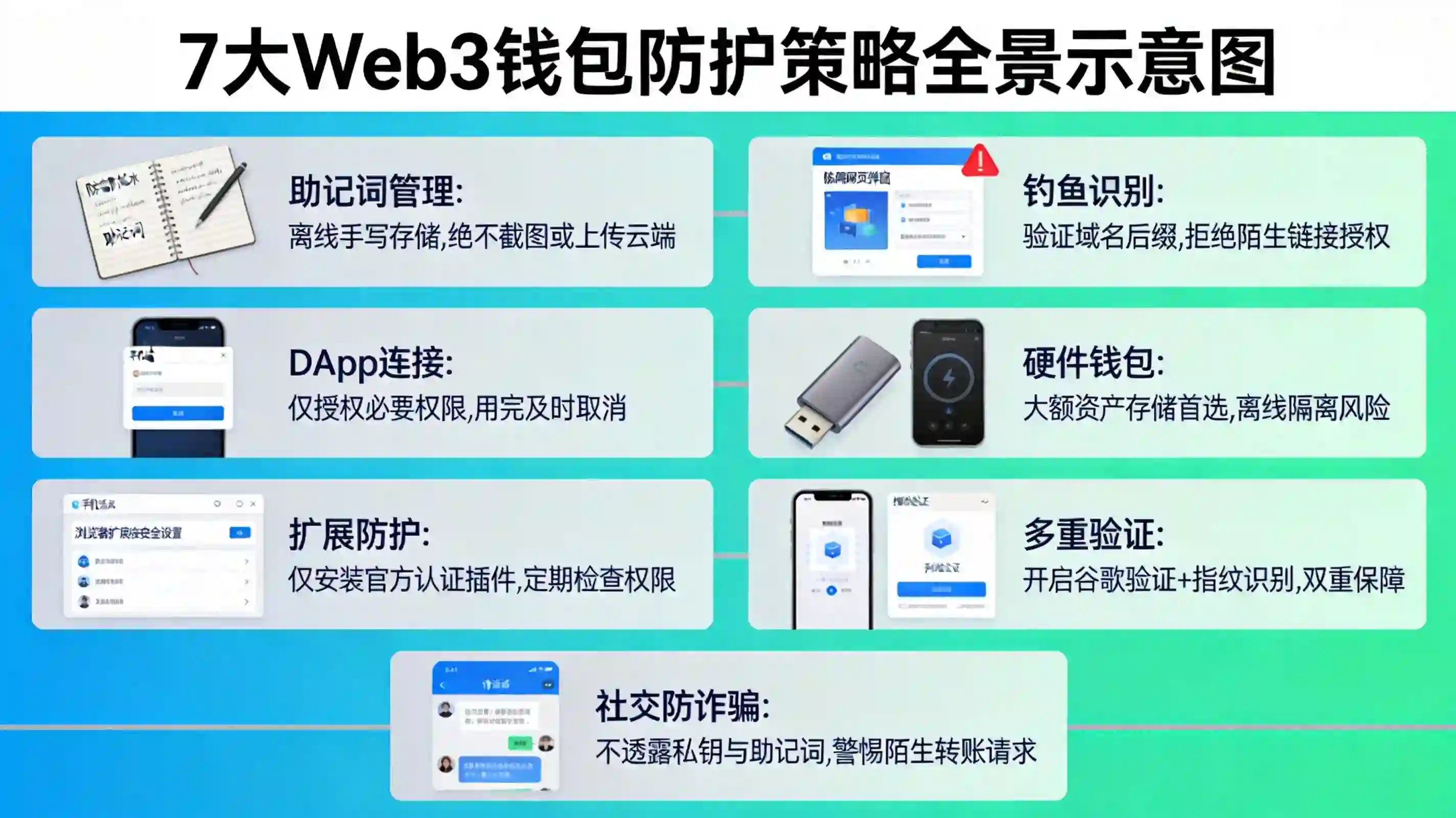 7大Web3钱包核心防护策略全景示意图 7大Web3钱包核心防护策略全景示意图