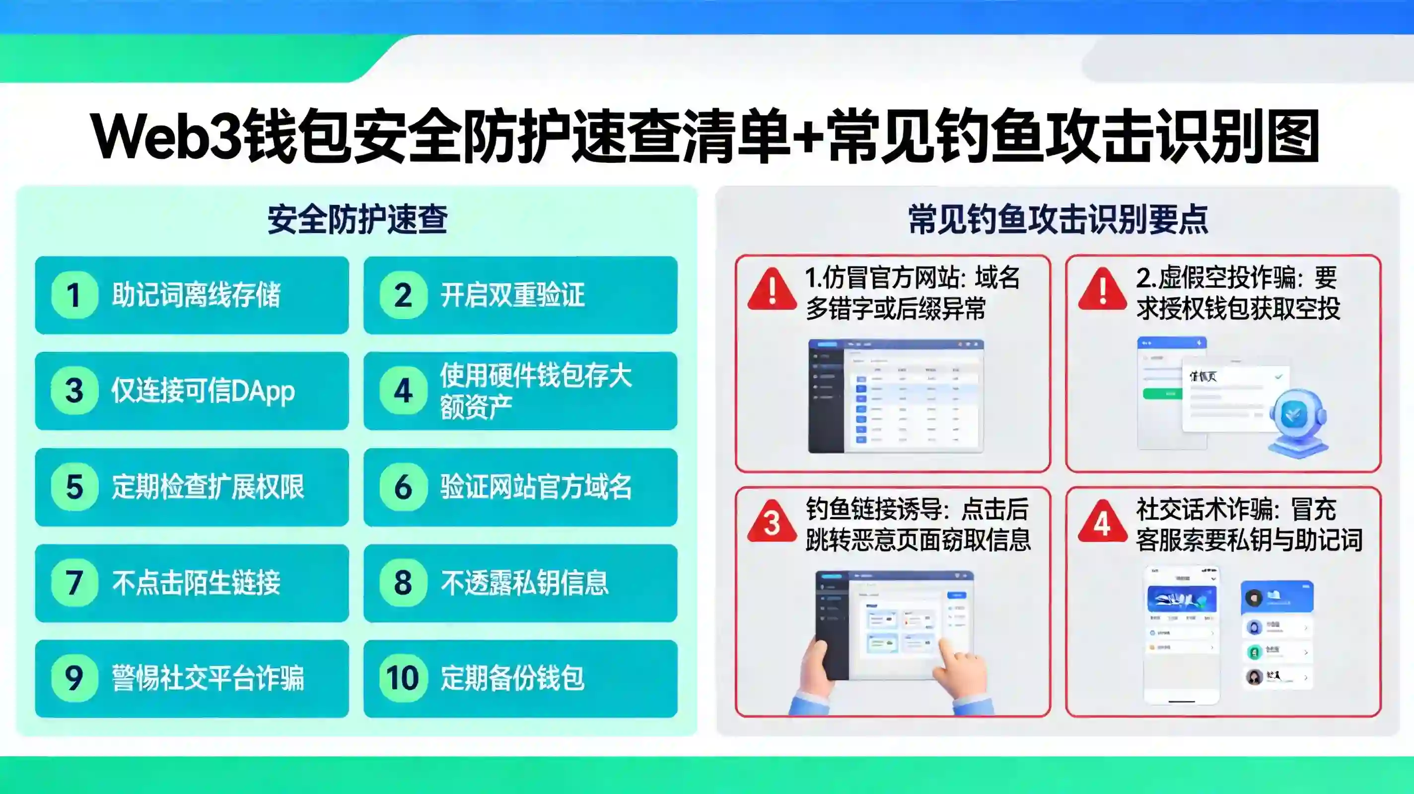 Web3钱包安全防护速查清单+常见钓鱼攻击识别示意图 Web3钱包安全防护速查清单+常见钓鱼攻击识别示意图