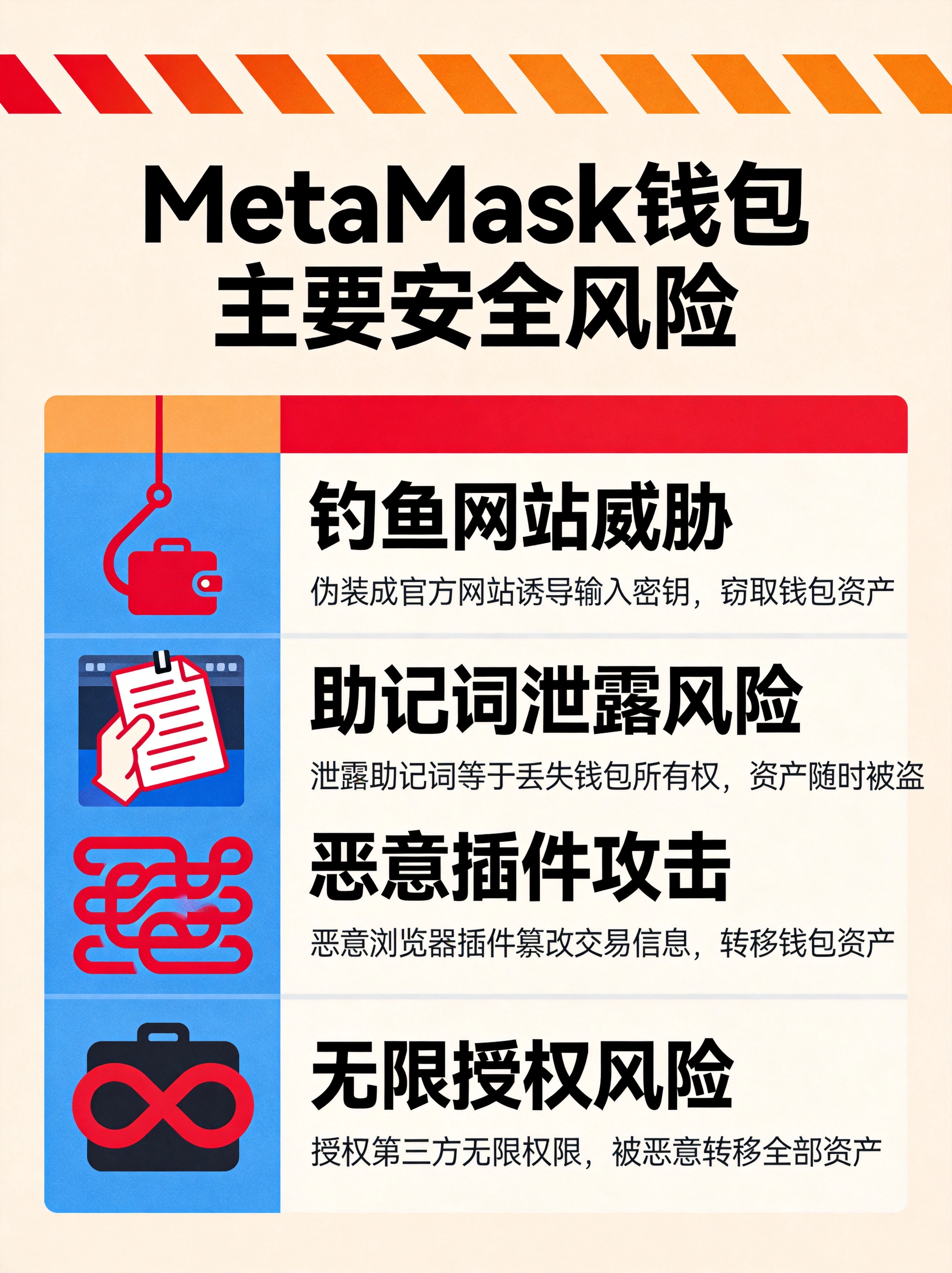 MetaMask钱包四大安全风险信息图,分别展示钓鱼网站威胁、助记词泄露风险、恶意插件攻击、无限授权风险四类主要安全威胁 MetaMask钱包四大安全风险信息图,分别展示钓鱼网站威胁、助记词泄露风险、恶意插件攻击、无限授权风险四类主要安全威胁