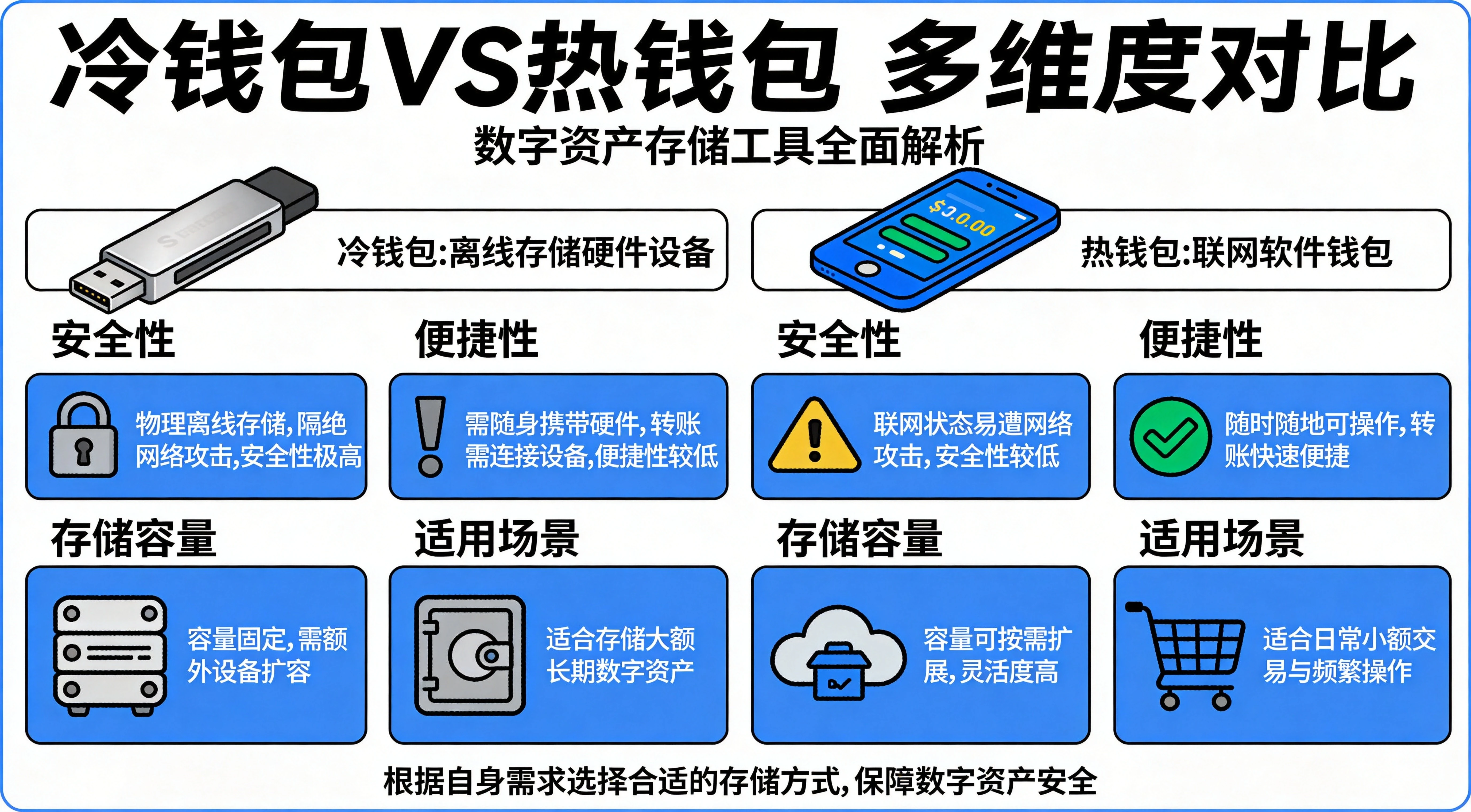 冷钱包热钱包多维度对比信息图,涵盖安全性、便利性、成本、恢复难度等核心维度对比,蓝白安全科普风格 冷钱包热钱包多维度对比信息图,涵盖安全性、便利性、成本、恢复难度等核心维度对比,蓝白安全科普风格