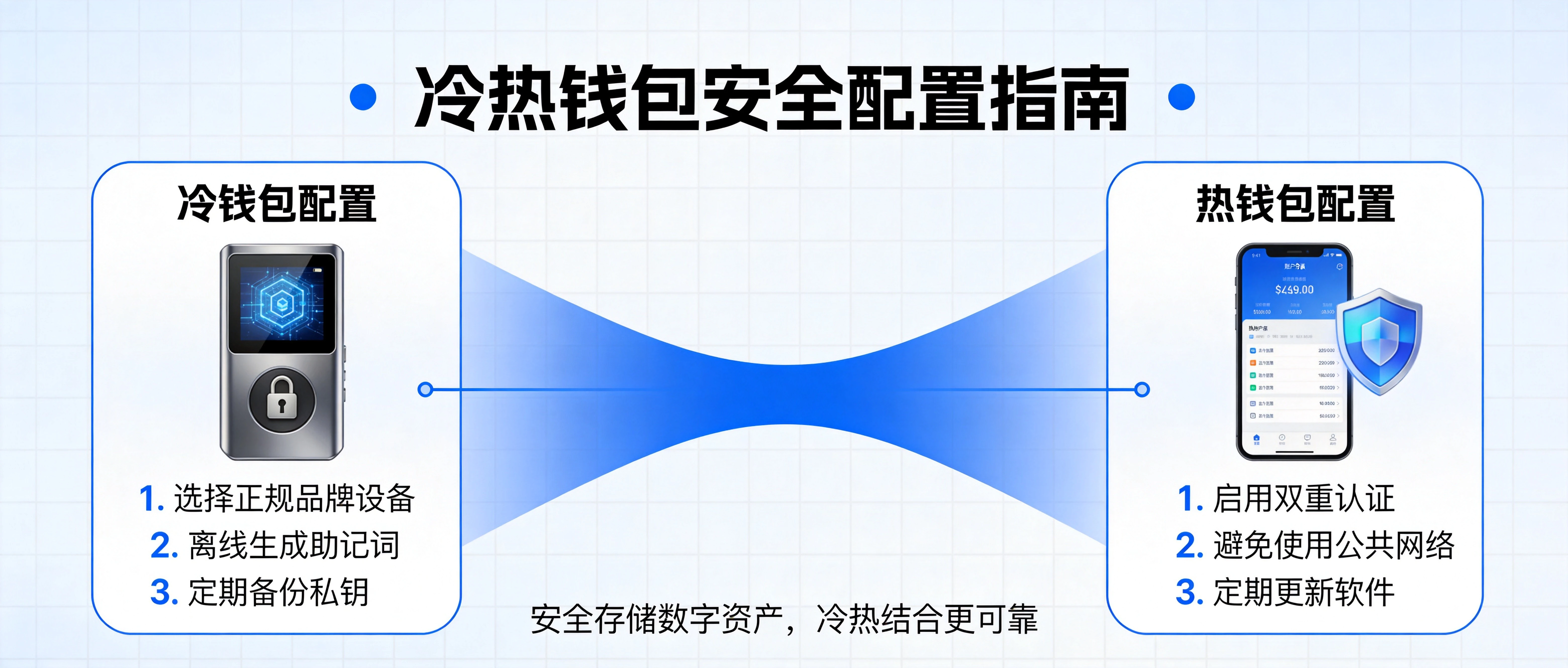 冷热钱包场景选择与配置建议信息图,列出适用场景、不同资金量配置策略与日常安全清单,蓝白专业安全风格 冷热钱包场景选择与配置建议信息图,列出适用场景、不同资金量配置策略与日常安全清单,蓝白专业安全风格