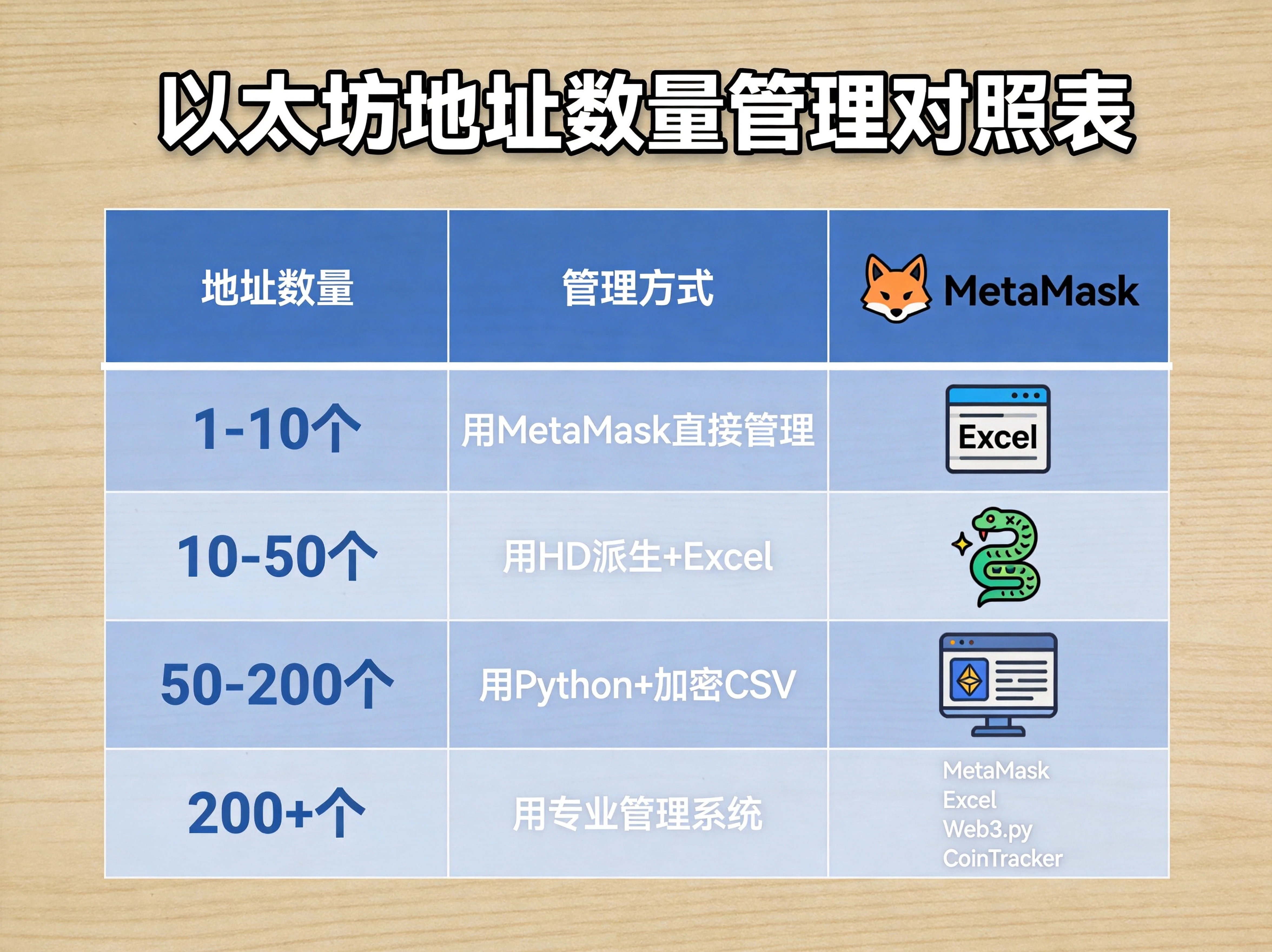 地址数量管理对照表,四行分别为:1-10个用MetaMask直接管理、10-50个用HD派生+Excel、50-200个用Python+加密CSV、200+个用专业管理系统,每行配有对应工具图标和推荐工具, 地址数量管理对照表,四行分别为:1-10个用MetaMask直接管理、10-50个用HD派生+Excel、50-200个用Python+加密CSV、200+个用专业管理系统,每行配有对应工具图标和推荐工具,